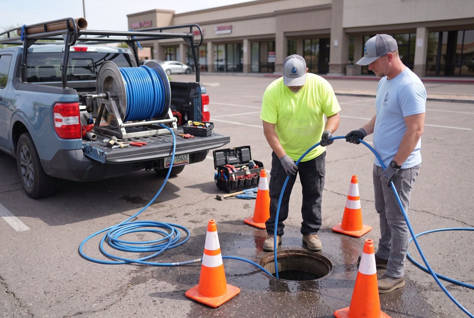 Crew jetting a commercial cleanout