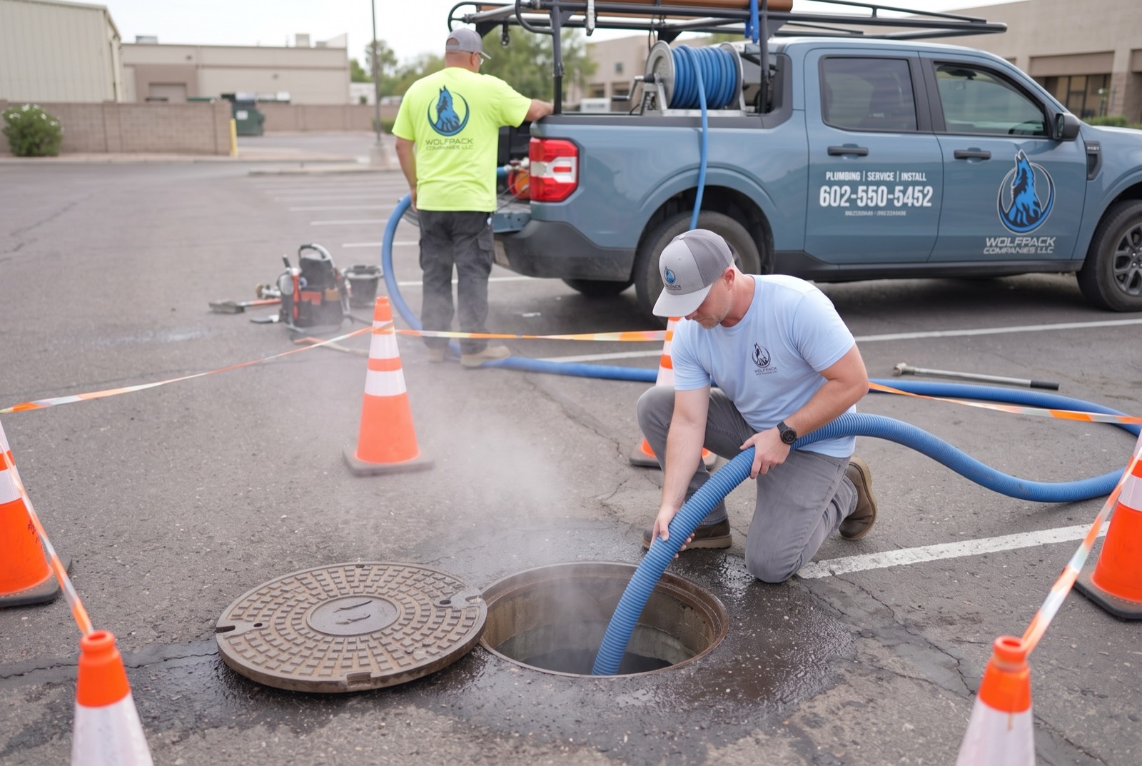 Feeding the jetter hose into a commercial cleanout