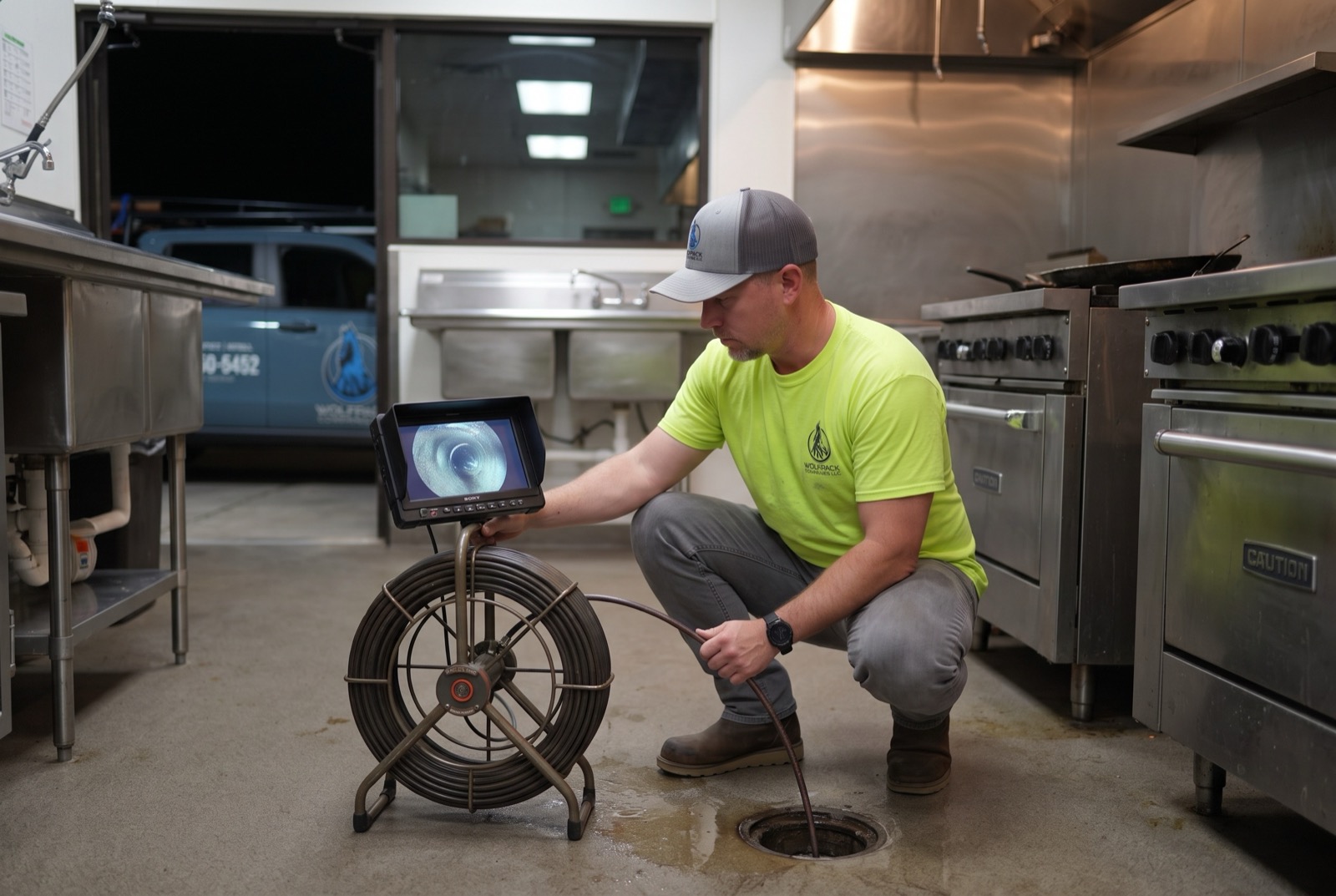 Technician running a camera reel into a commercial kitchen floor drain