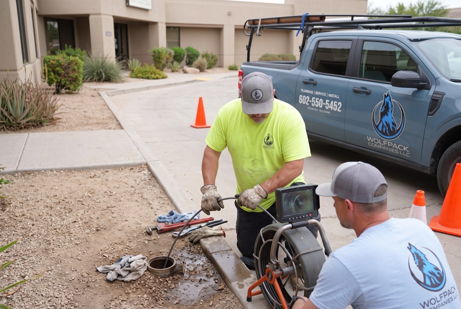 Two technicians clearing an exterior cleanout with the camera monitor running