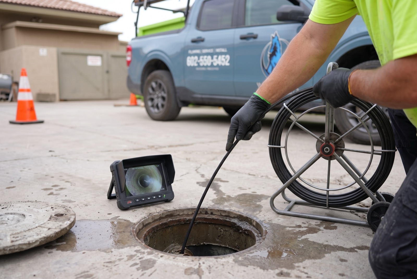 Push camera fed into an open cleanout, monitor showing the pipe bore