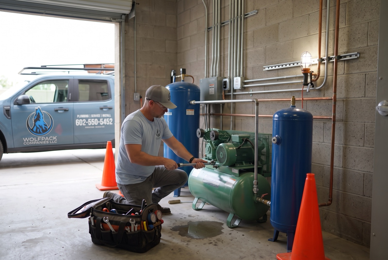 Technician fitting piping on a commercial air compressor and receiver tanks