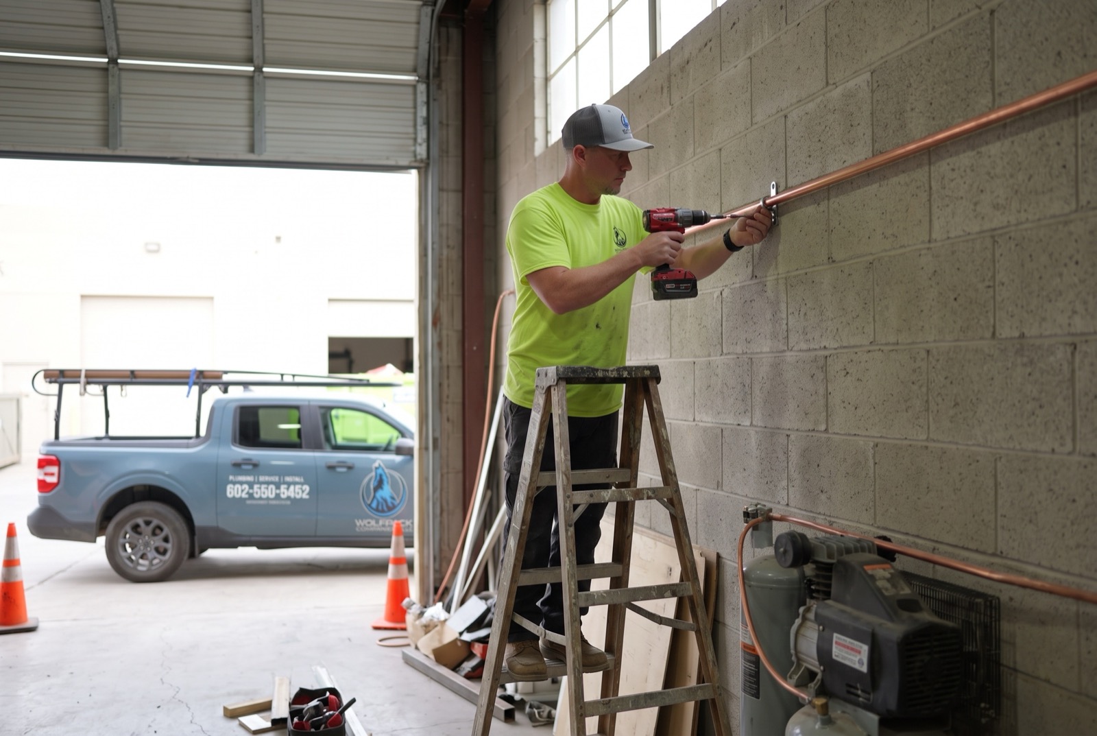 Technician fastening a copper air line along the shop wall