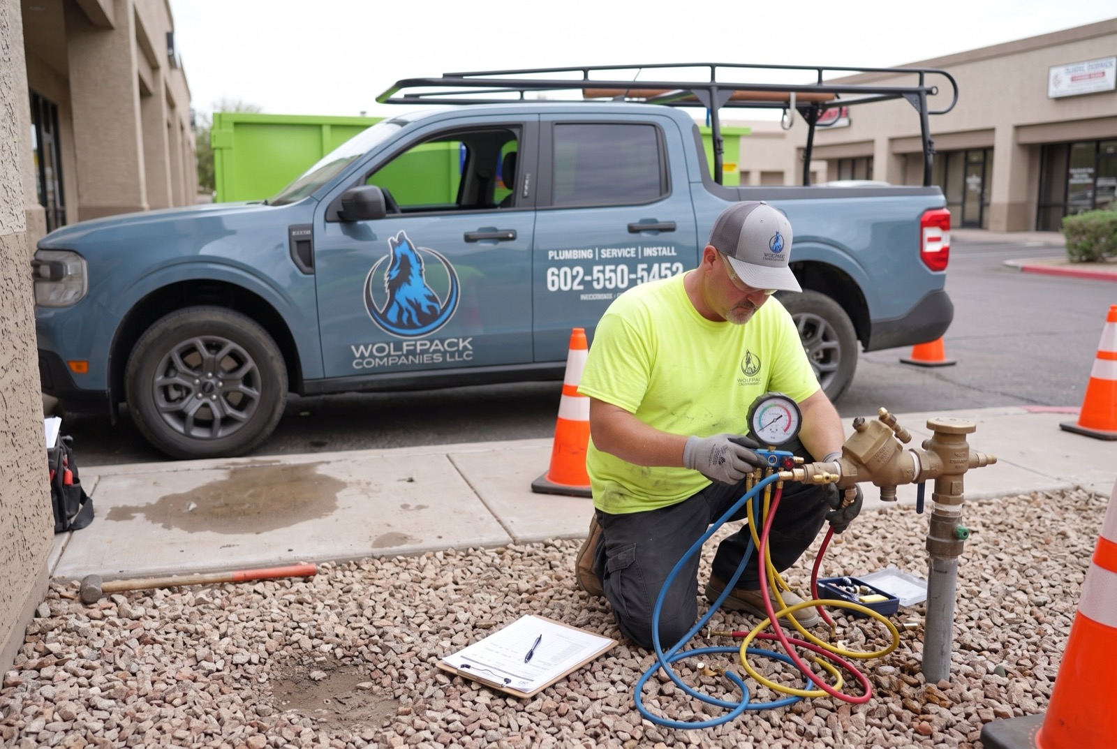 Certified technician testing a backflow assembly with a gauge kit