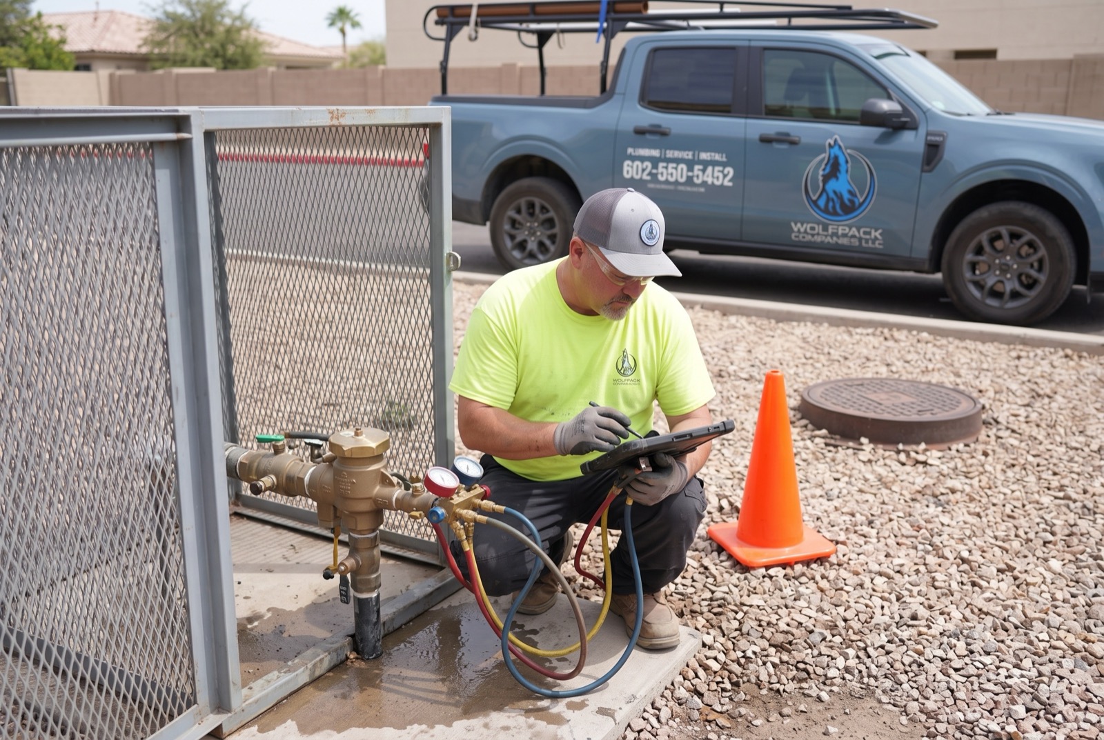 Technician recording backflow test results on a tablet beside the assembly