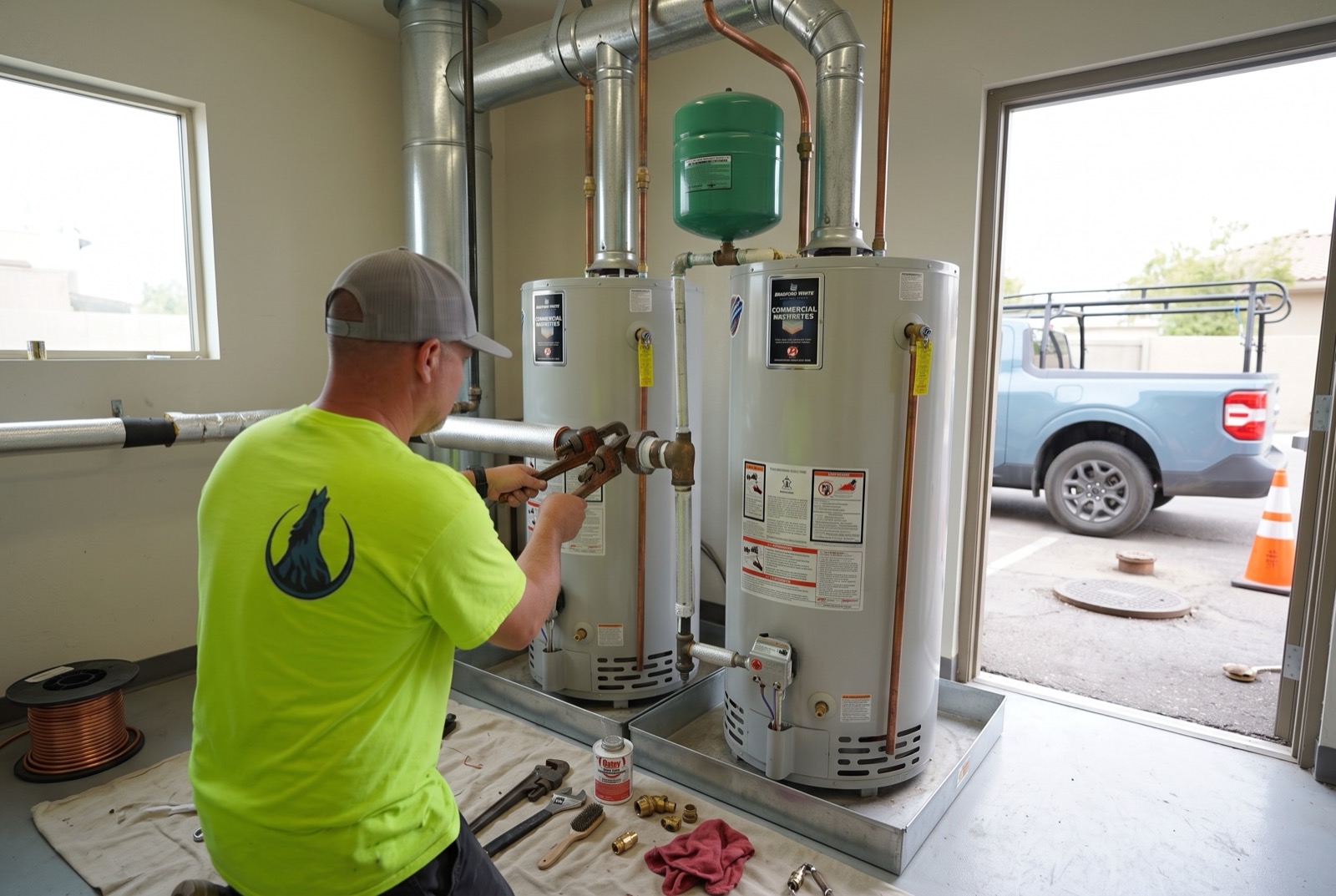 Technician piping twin commercial water heaters