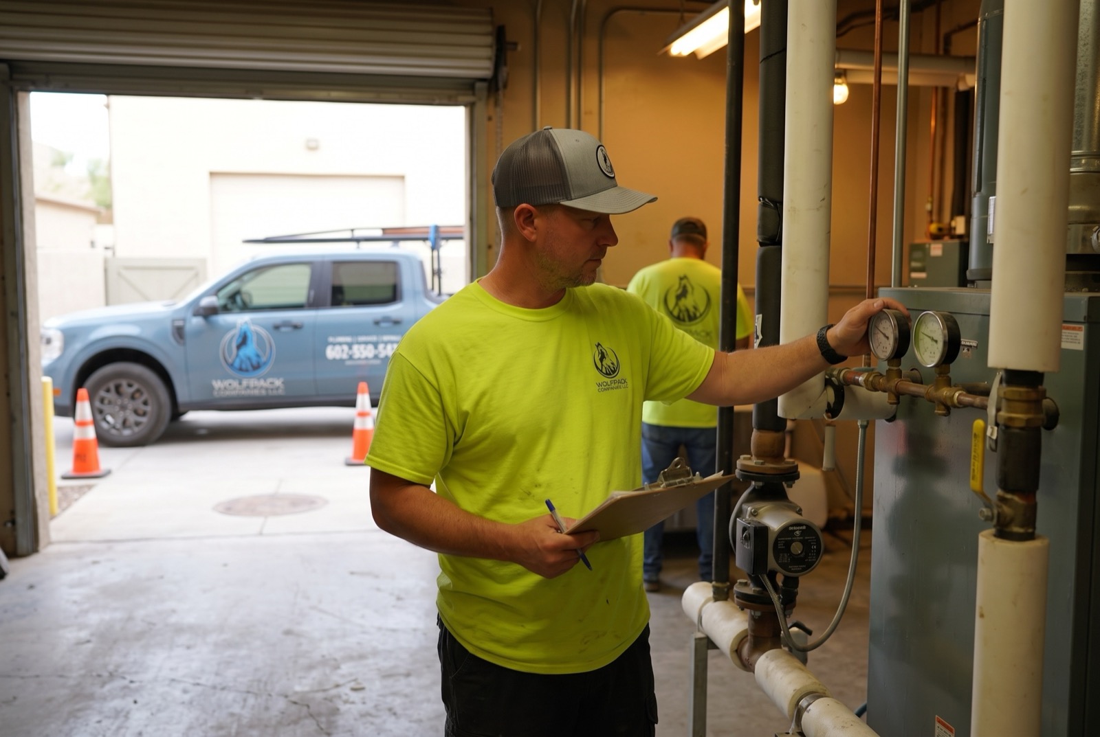 Technician checking gauges on a commercial boiler system