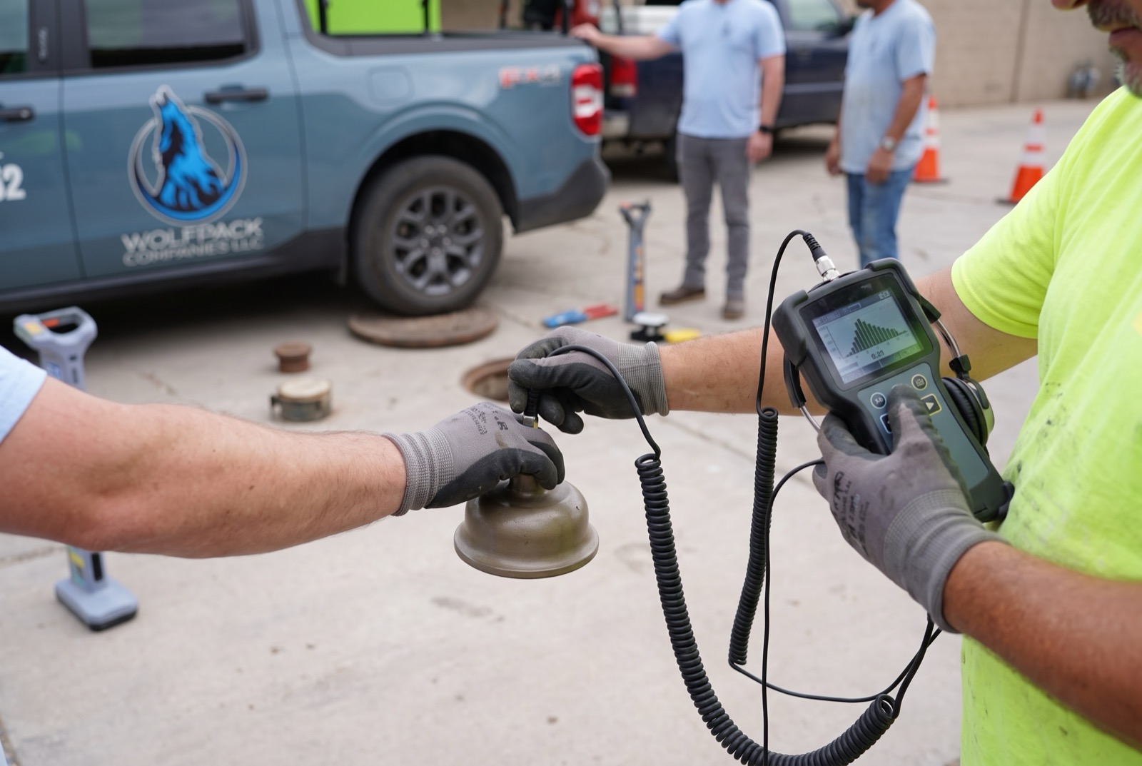 Handheld leak detection meter reading an acoustic ground sensor