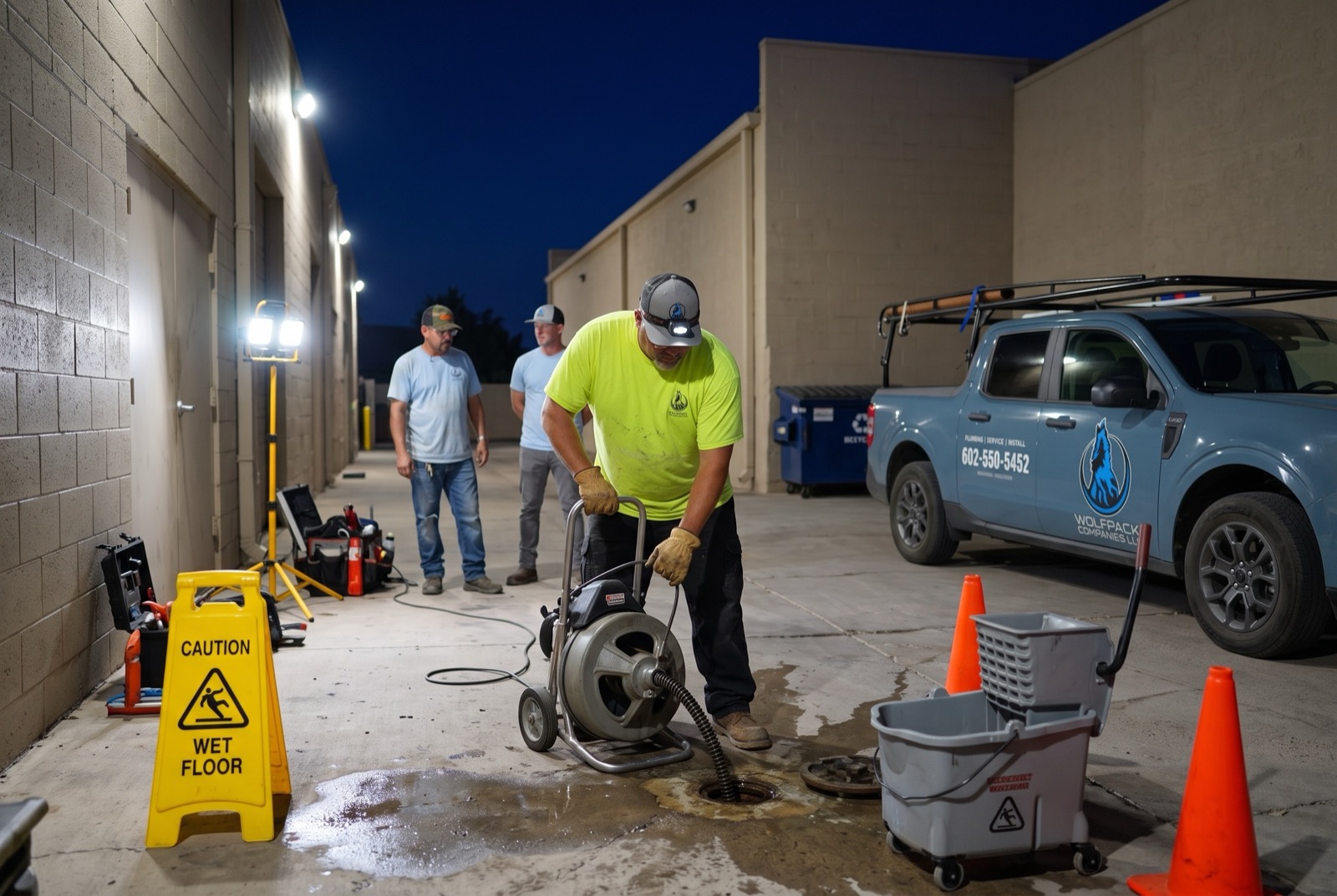 Crew running a drain machine at a commercial cleanout after dark